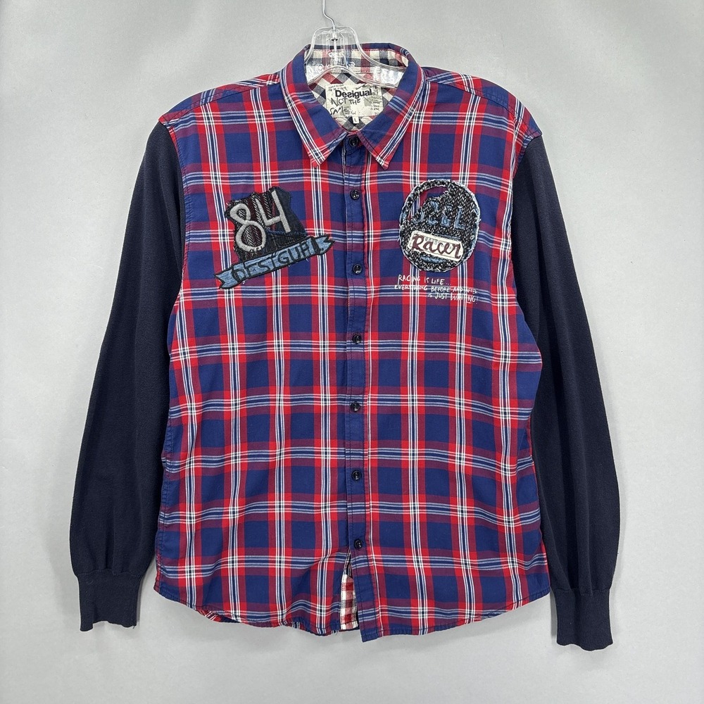 Desigual Shirt Mens Large Red‎ Blue Plaid Racer Elbow Patch Long Sleeve Racing